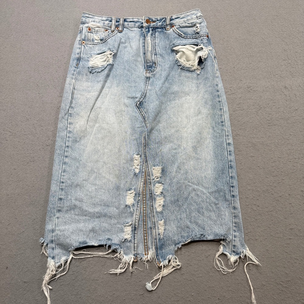Insight Denim Harper Midi Skirt Women's 12 Blue Mid Rise Denim Distressed Cotton